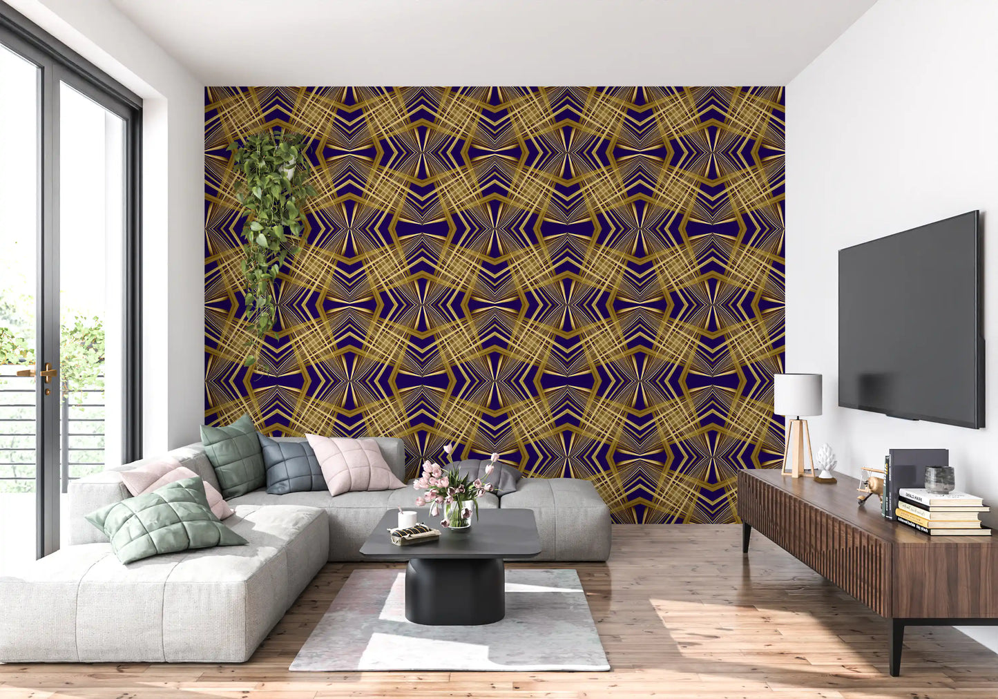 Indigo & Gold Geometric Art Deco Sunburst Laticce - OCTOBER Wallpaper