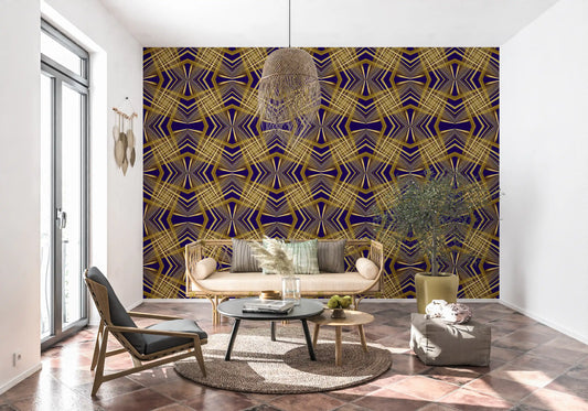 Indigo & Gold Geometric Art Deco Sunburst Laticce - OCTOBER Wallpaper