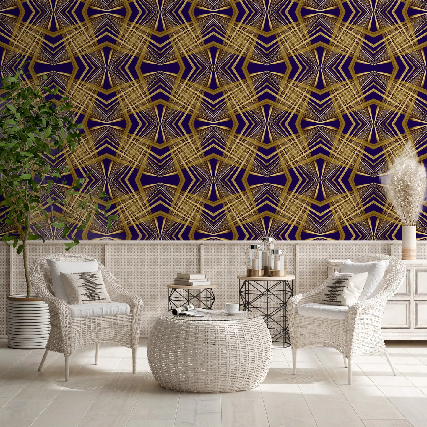 Indigo & Gold Geometric Art Deco Sunburst Laticce - OCTOBER Wallpaper