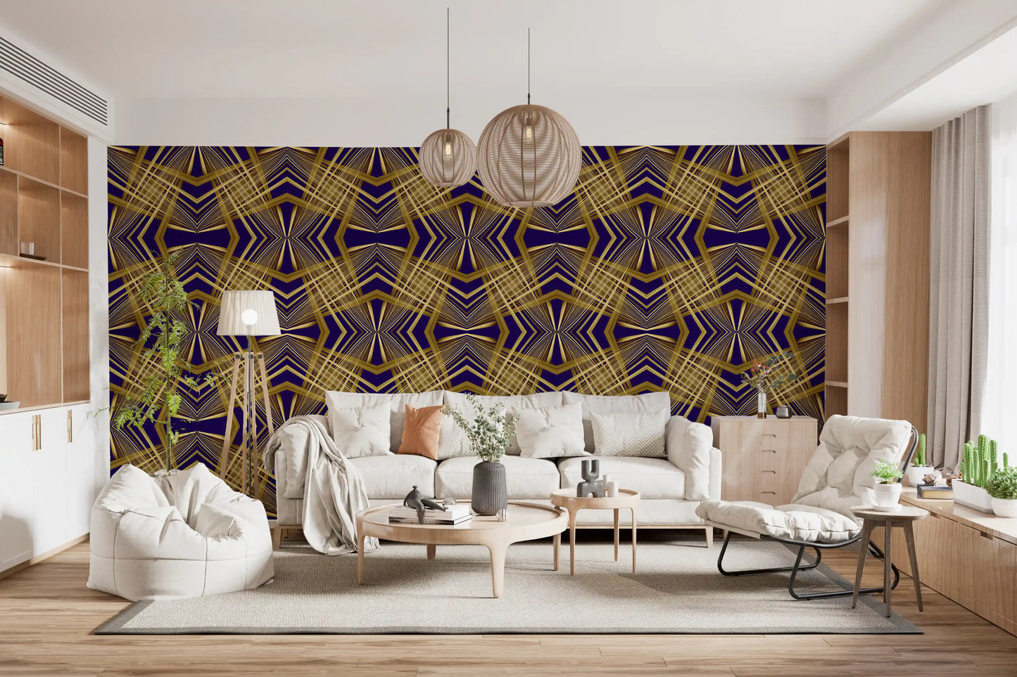 Indigo & Gold Geometric Art Deco Sunburst Laticce - OCTOBER Wallpaper