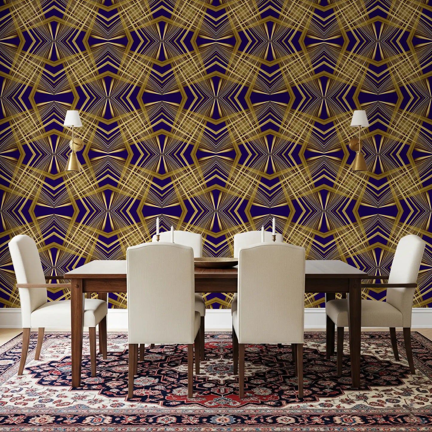 Indigo & Gold Geometric Art Deco Sunburst Laticce - OCTOBER Wallpaper
