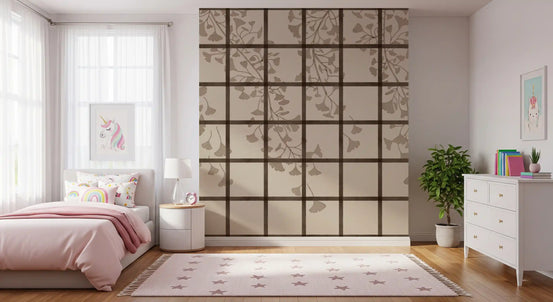 Ginkgo leaves and Japanese shoji screen wall mural styling a bedroom in taupe GD11495
