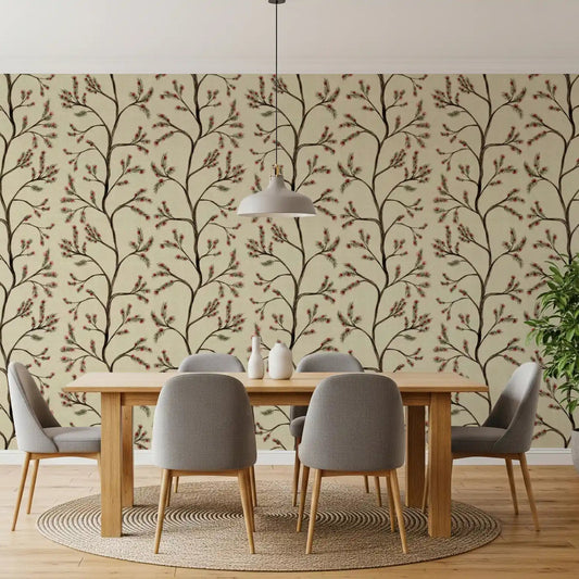 Olive branches and buds on antique linen wallpaper across a dining room GD11496

