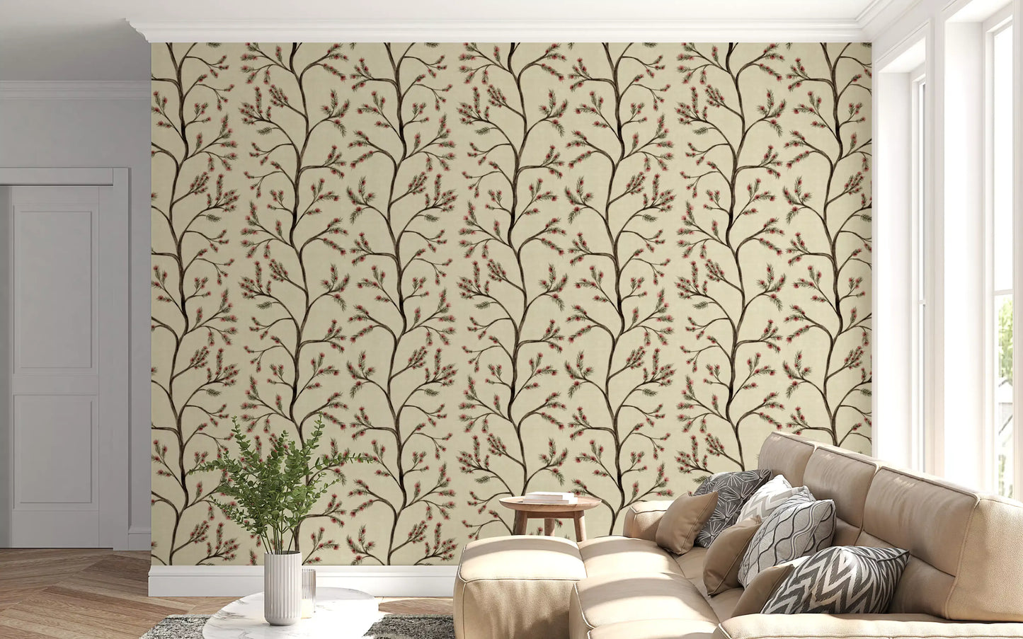Asian Floral Branches on Antique Linen Wallpaper⁠