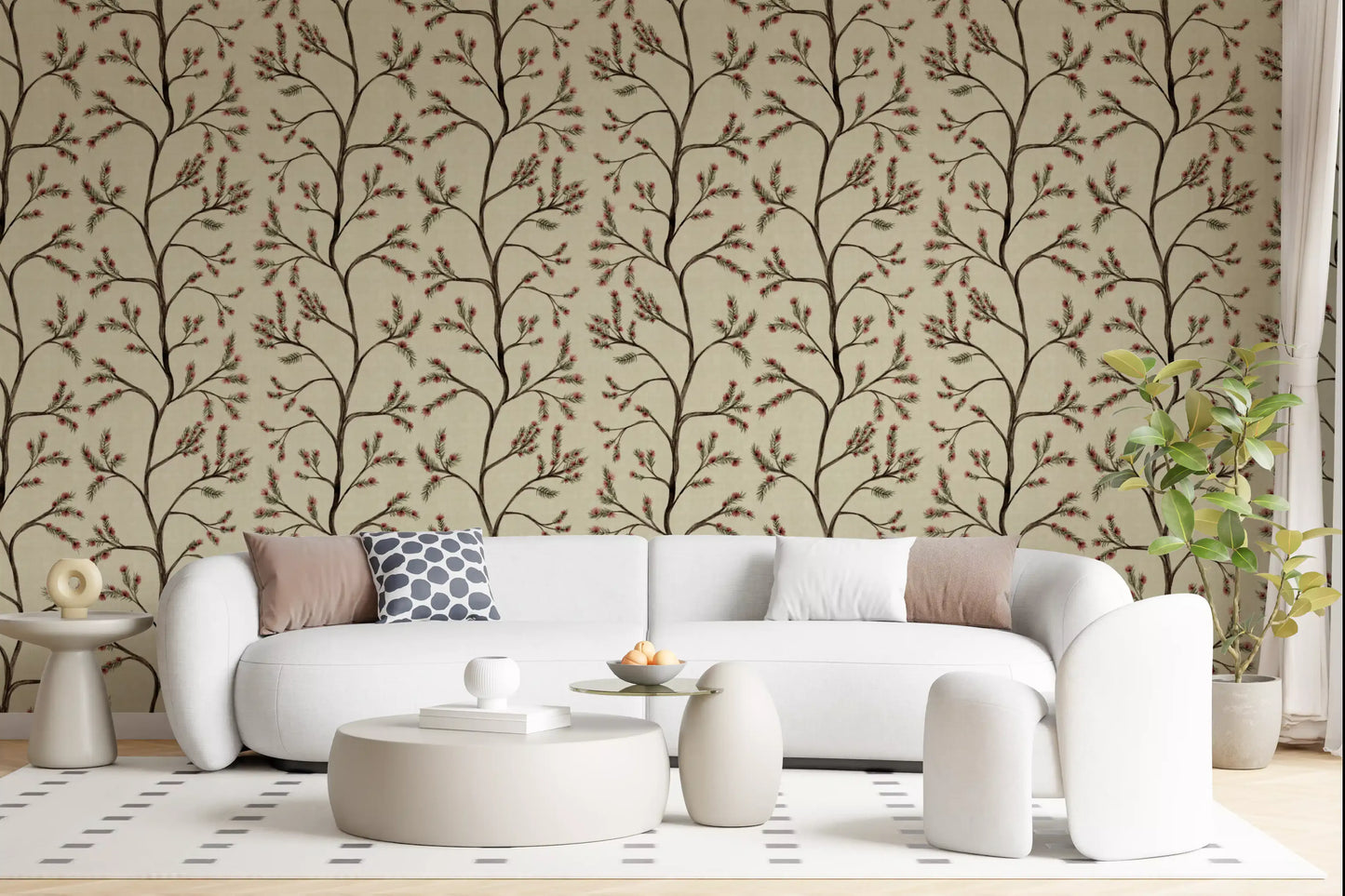 Asian Floral Branches on Antique Linen Wallpaper⁠