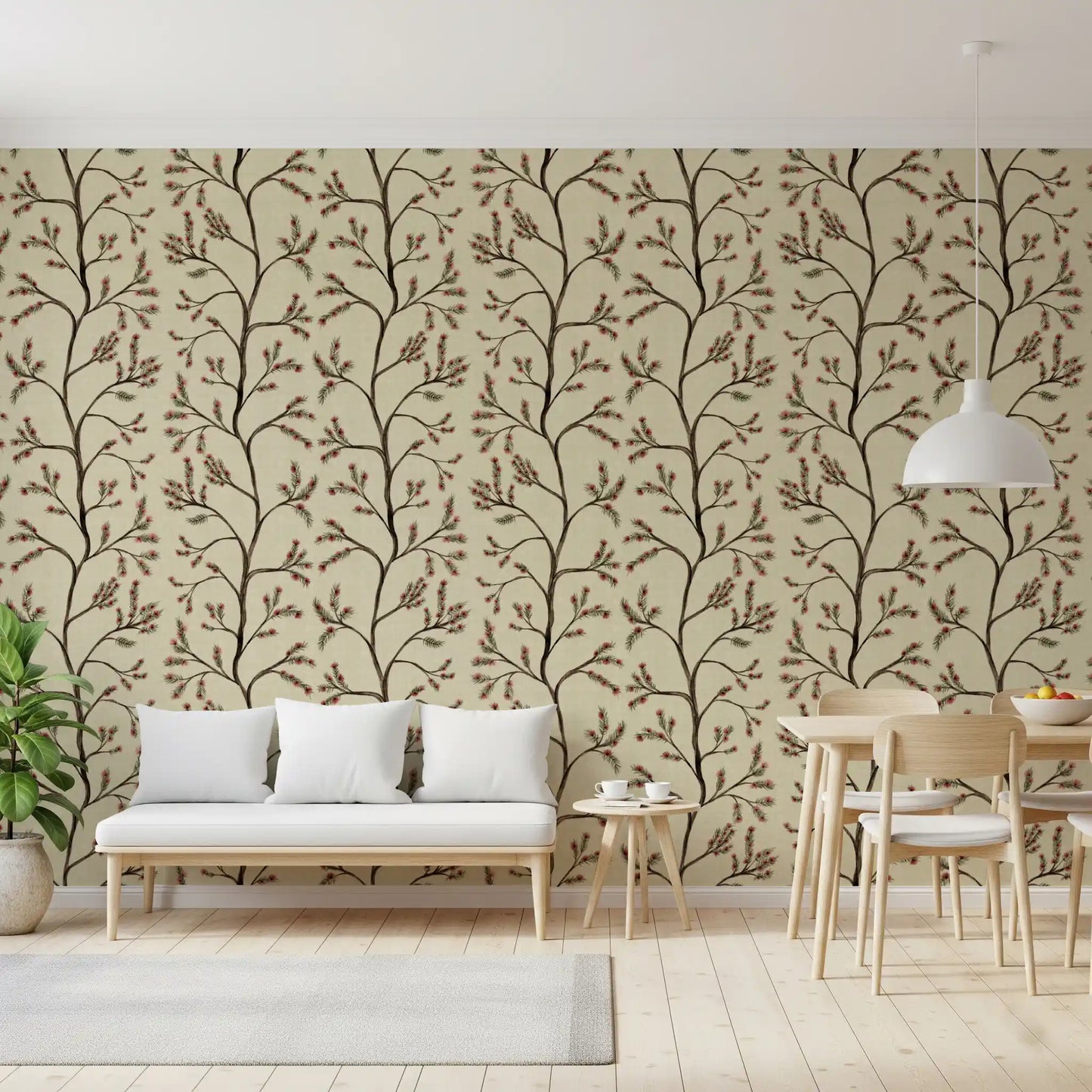 Asian Floral Branches on Antique Linen Wallpaper⁠