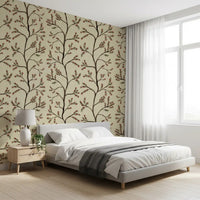 Asian Floral Branches on Antique Linen Wallpaper⁠