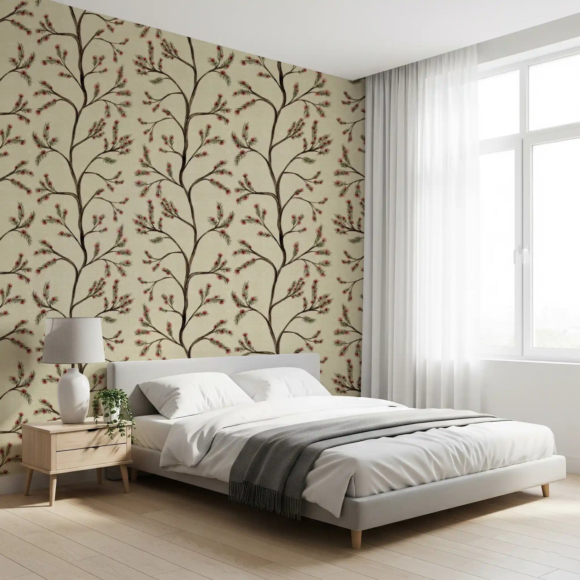 Trailing Asian floral branches wallpaper styling a bedroom in olive and linen GD11496