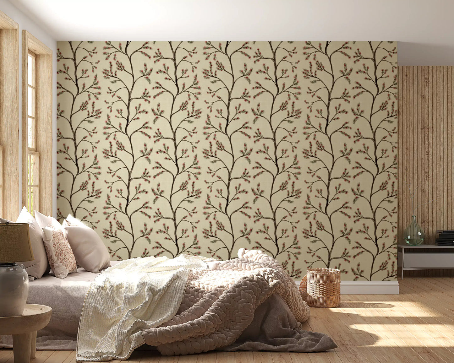 Asian Floral Branches on Antique Linen Wallpaper⁠