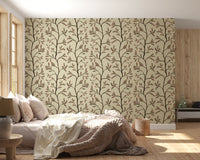 Asian Floral Branches on Antique Linen Wallpaper⁠