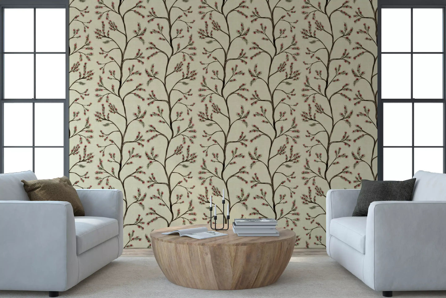 Asian Floral Branches on Antique Linen Wallpaper⁠