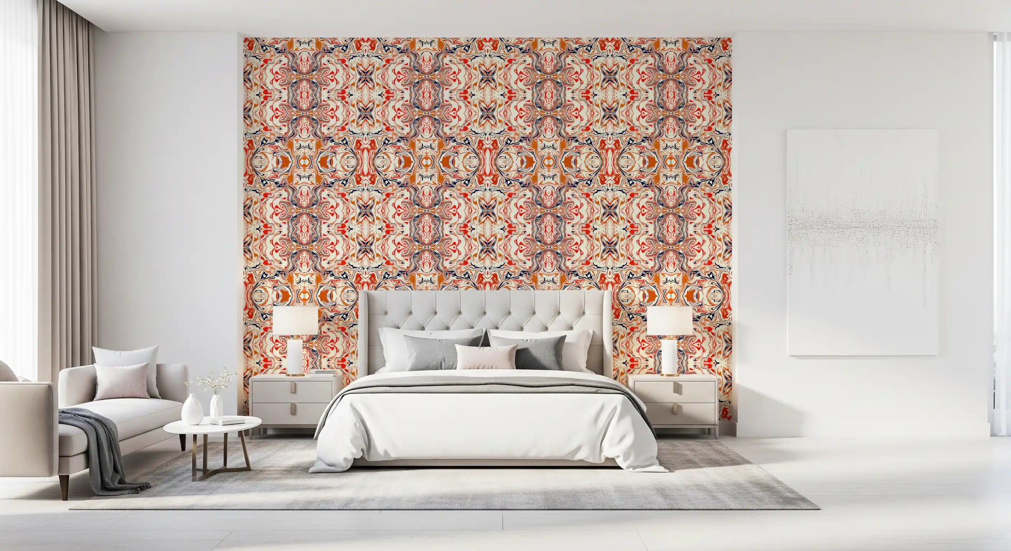 Rust and orange ornamental tile wallpaper styling a bedroom in ivory and navy GD11498