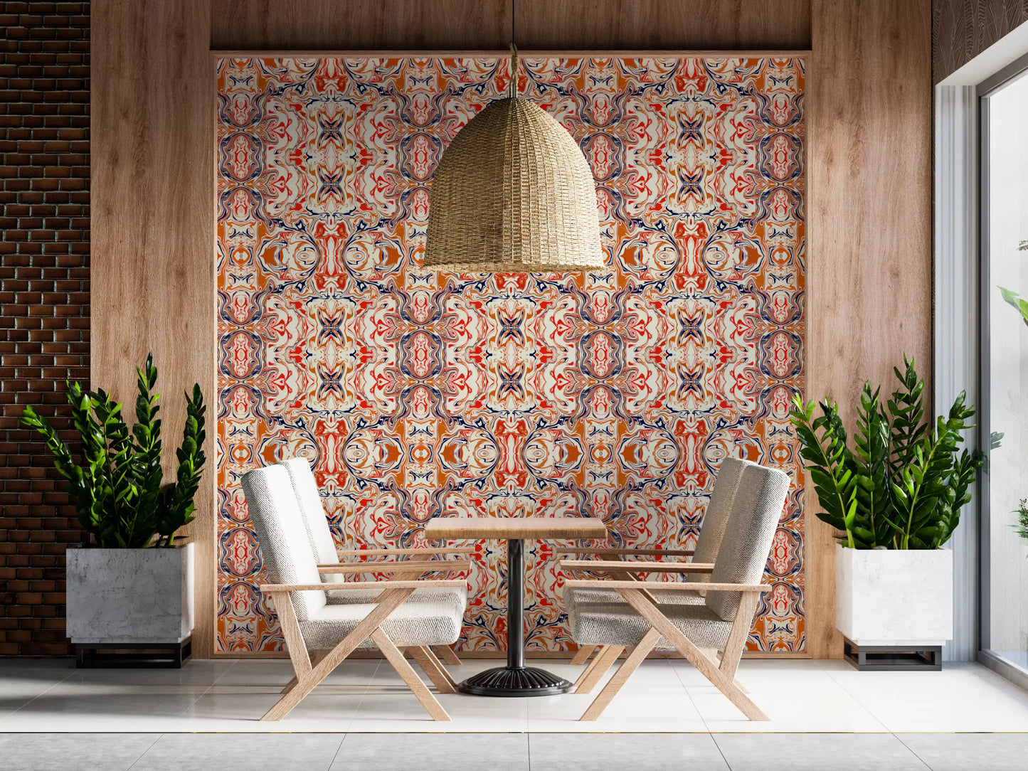 Orange & Red Contemporary Ornamental Tile - ANDORRA Wallpaper