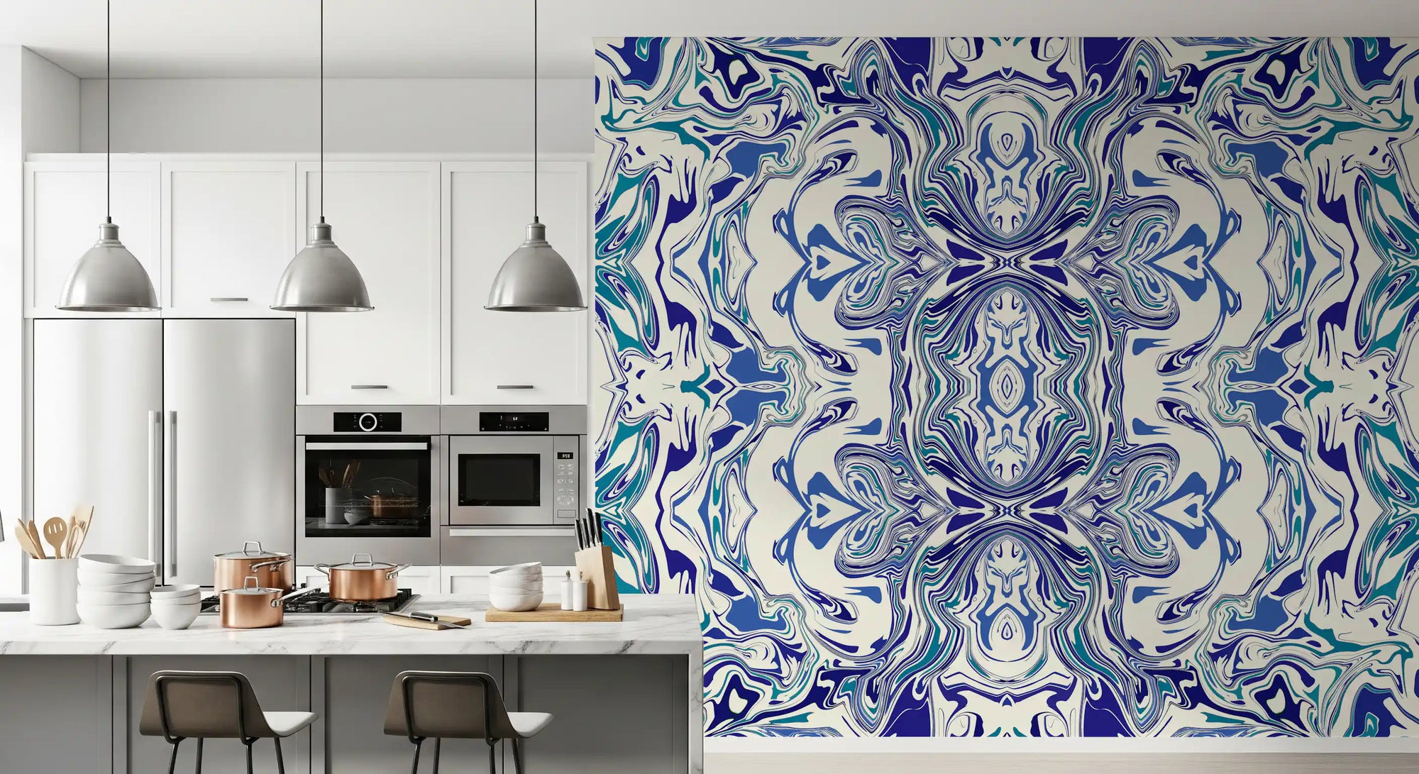 Teal and blue ornamental tile wall mural adding pattern to a kitchen GD11499
