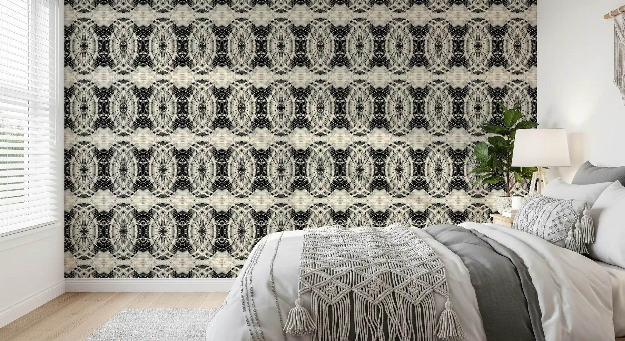 Ivory and black medallion wallpaper adding retro pattern to a bedroom GD11501
