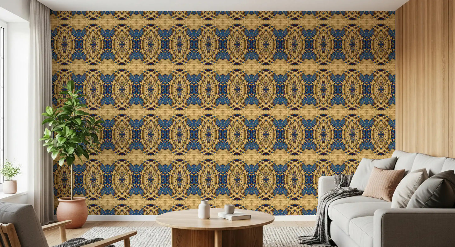 Cobalt Blue & Yellow Retro Geometric Medallion - MOSQUITO  Wallpaper⁠