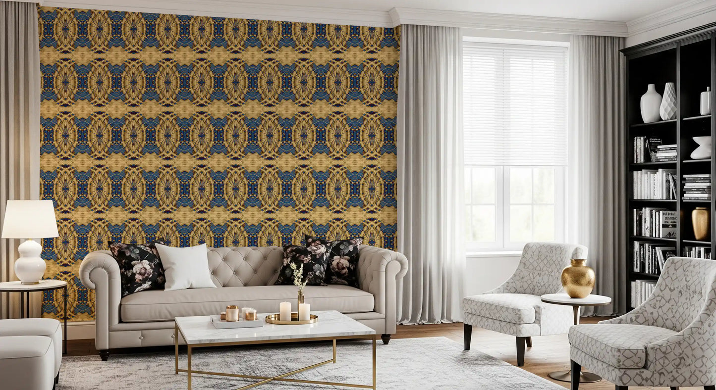 Cobalt Blue & Yellow Retro Geometric Medallion - MOSQUITO  Wallpaper⁠