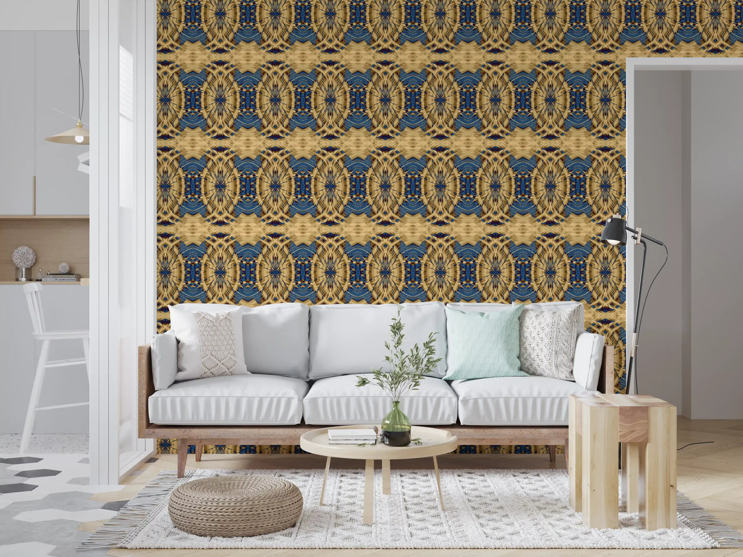Cobalt Blue & Yellow Retro Geometric Medallion - MOSQUITO  Wallpaper⁠