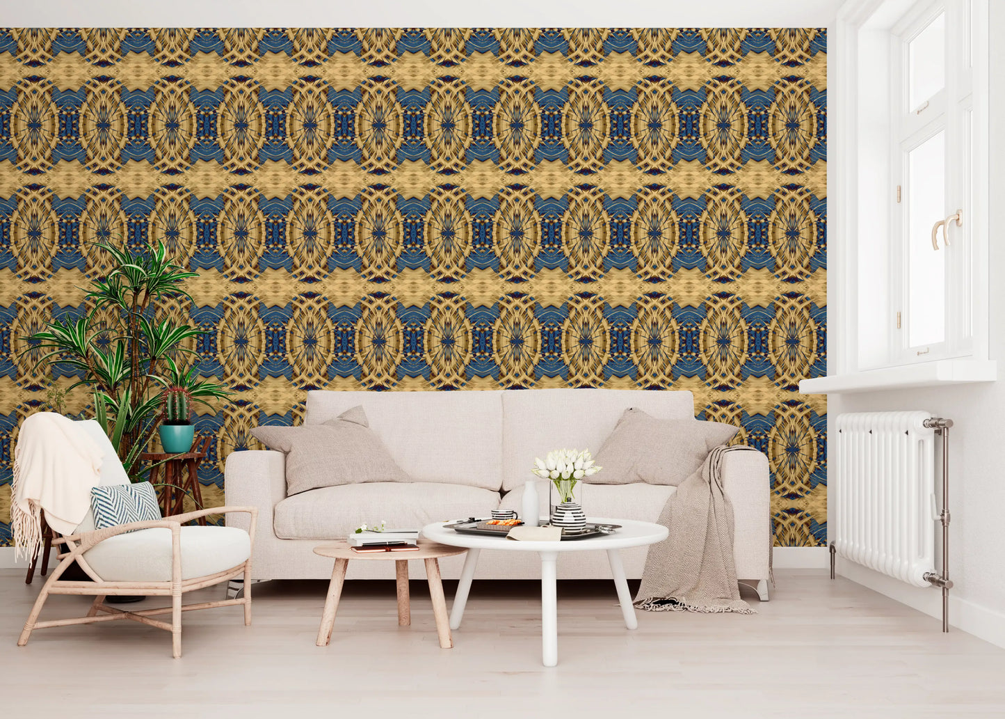 Cobalt Blue & Yellow Retro Geometric Medallion - MOSQUITO  Wallpaper⁠
