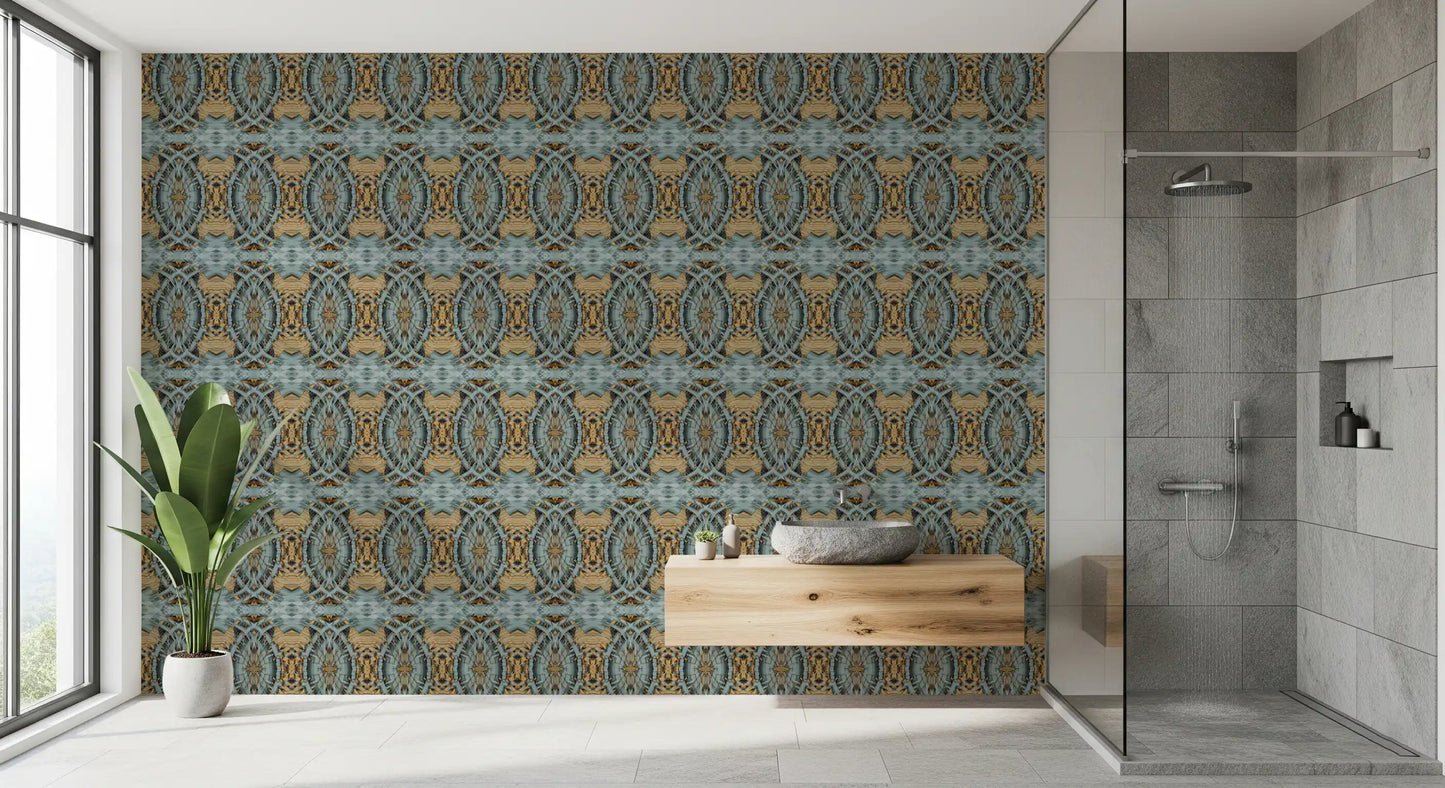 Blue Gray & Camel Retro Geometric Medallion - MOSQUITO Wallpaper⁠