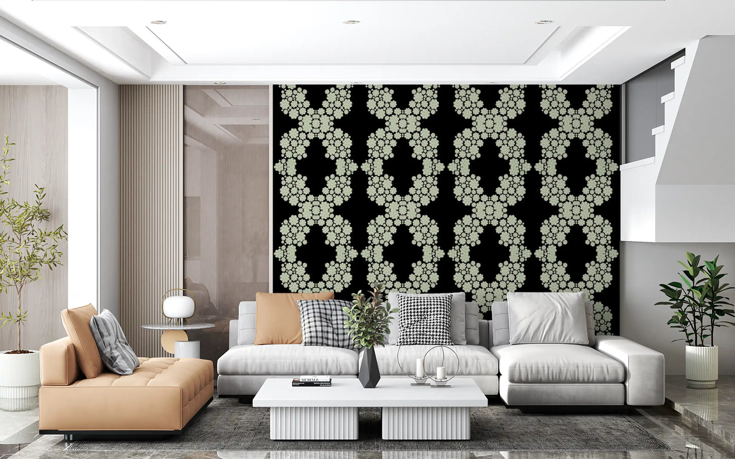 Black & Ivory Diamond Floral Lattice – CARDAMINE Wallpaper⁠