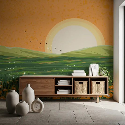 Calm evening light sets a lounge behind the Sunset wall mural, flower meadow GD11508