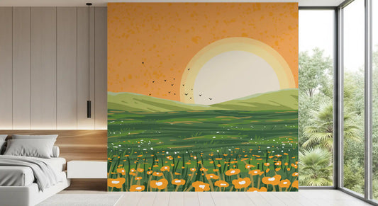 Wall mural warms a calm bedroom with the Sunset over green hills GD11508
