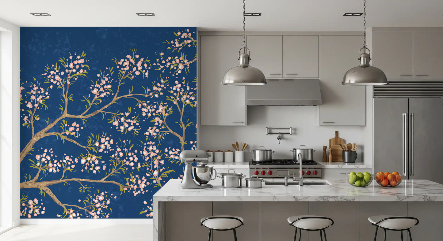 Pink Blossoms - Blue Background Wall Mural