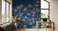 Pink Blossoms - Blue Background Wall Mural