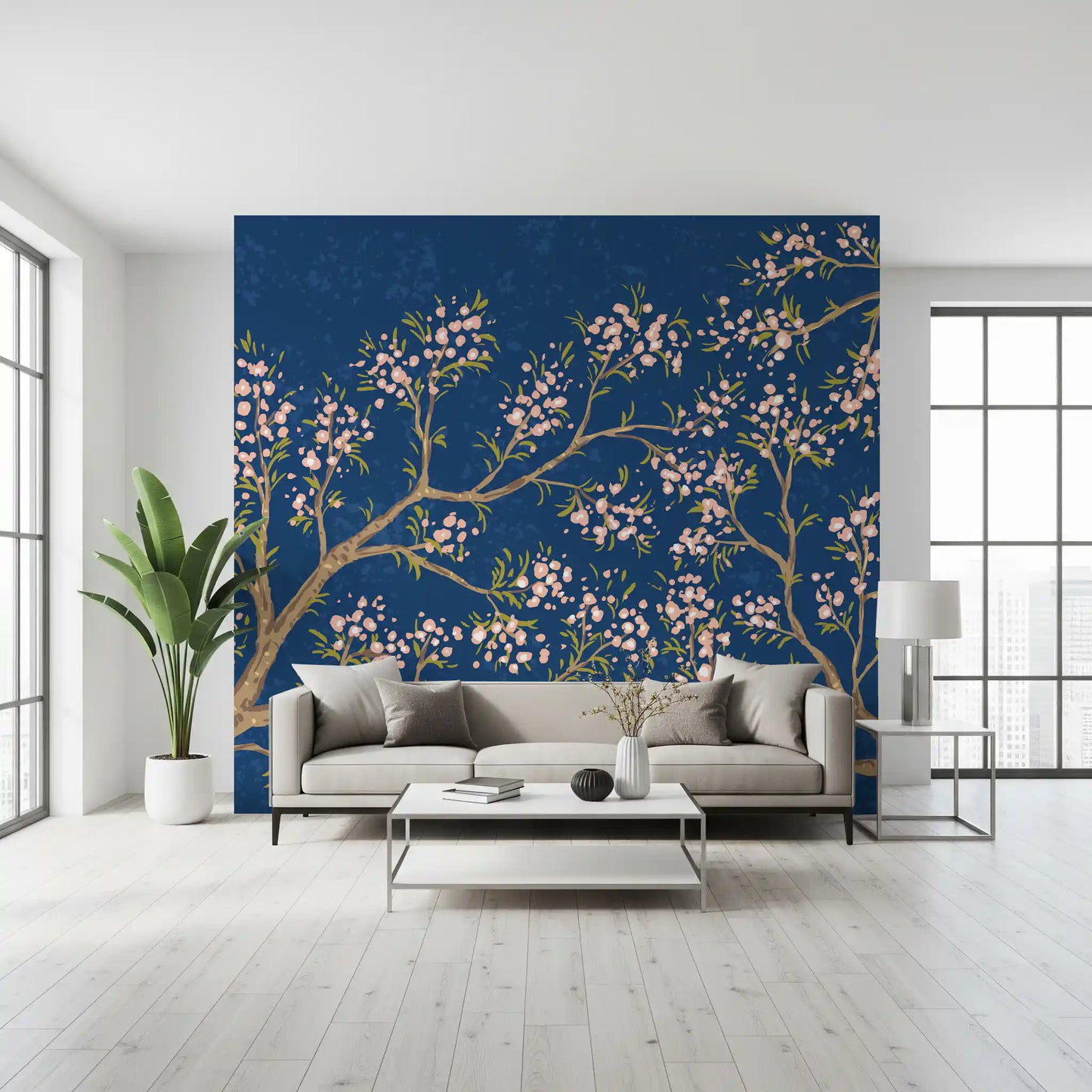 Pink Blossoms - Blue Background Wall Mural