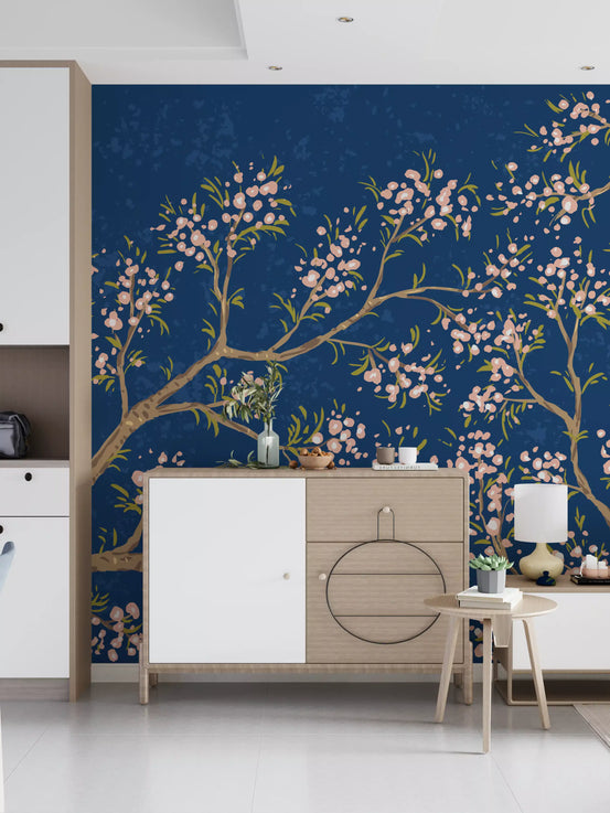 Pink blossom branch wall mural adding an elegant feature to a hallway GD11510
