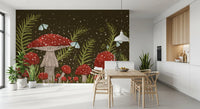 Whispers of Amanita - Red Mushrooms, Ferns, and Moths Wall Mural