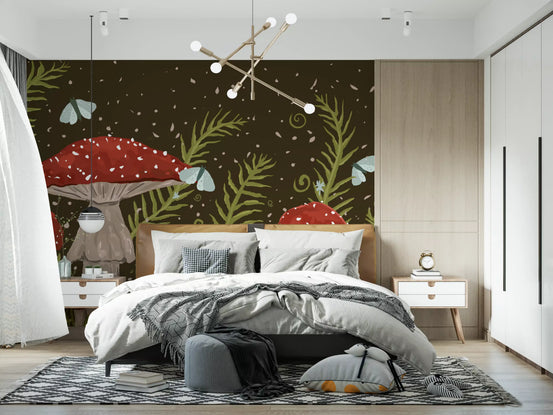 Whispers of Amanita - Red Mushrooms, Ferns, and Moths Wall Mural