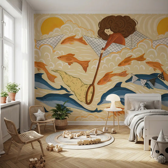 Chasing Dreams child and paper boat wall mural adding a feature to a bedroom GD11512
