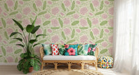 Lotus - Botanical Trailing Water Lily Floral Block Print-  Pink and Green Wallpaper⁠