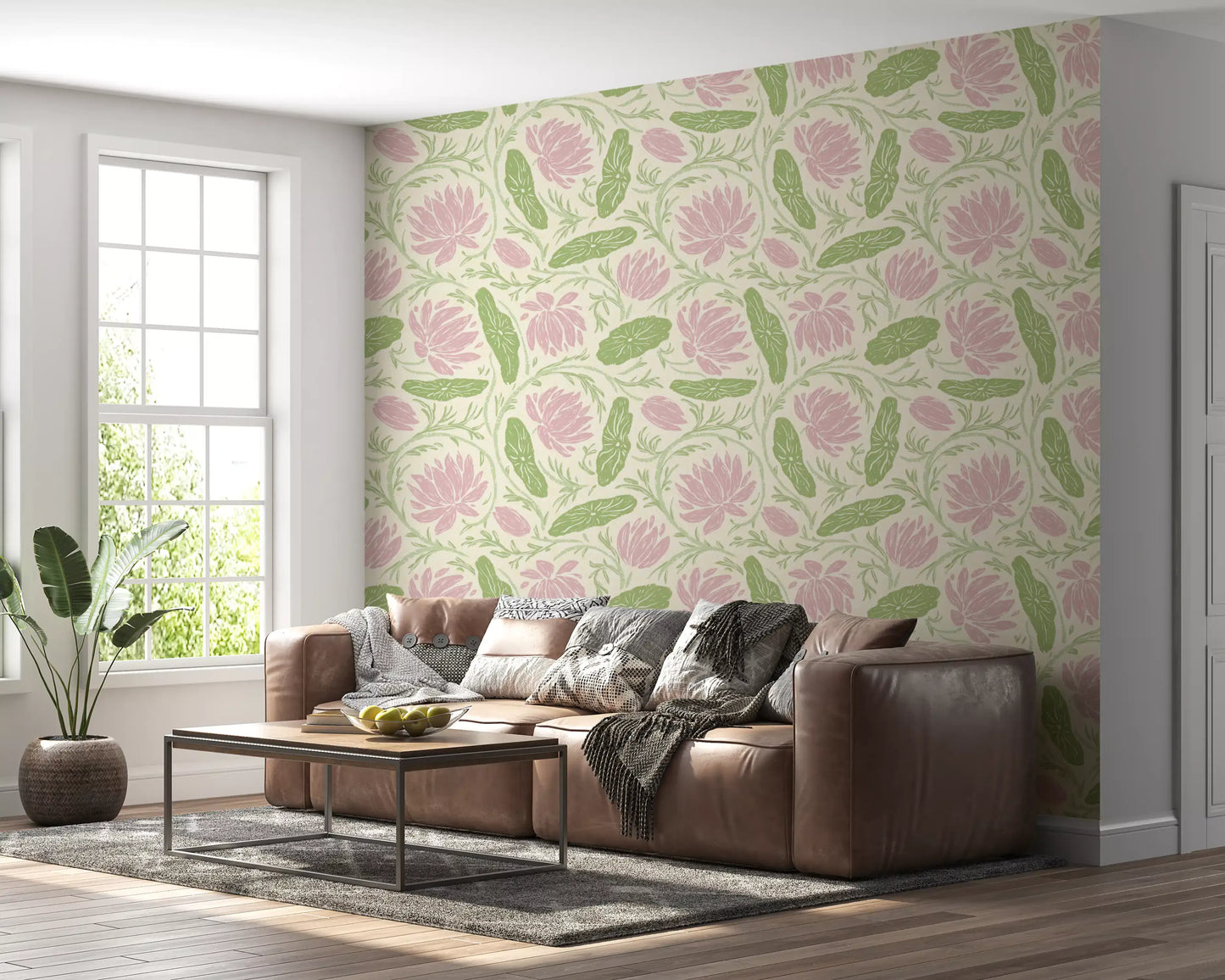 Lotus - Botanical Trailing Water Lily Floral Block Print-  Pink and Green Wallpaper⁠