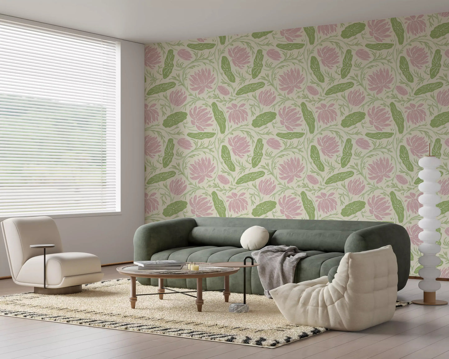 Lotus - Botanical Trailing Water Lily Floral Block Print-  Pink and Green Wallpaper⁠