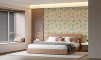 Lotus - Botanical Trailing Water Lily Floral Block Print-  Pink and Green Wallpaper⁠