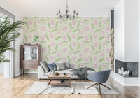 Lotus - Botanical Trailing Water Lily Floral Block Print-  Pink and Green Wallpaper⁠