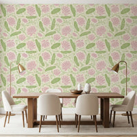 Lotus - Botanical Trailing Water Lily Floral Block Print-  Pink and Green Wallpaper⁠