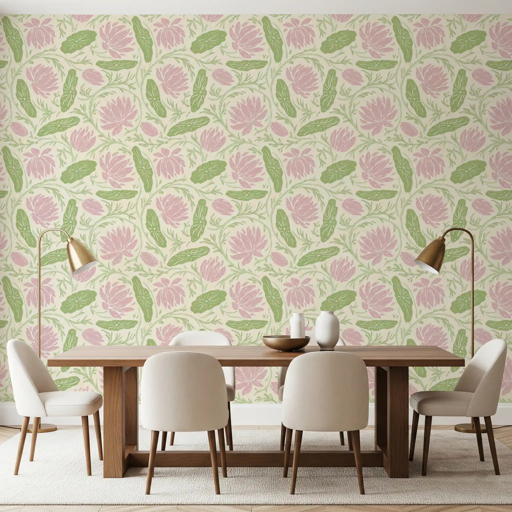 Rosy lotus and green lily pads on a wallpaper feature in a dining room GD11514