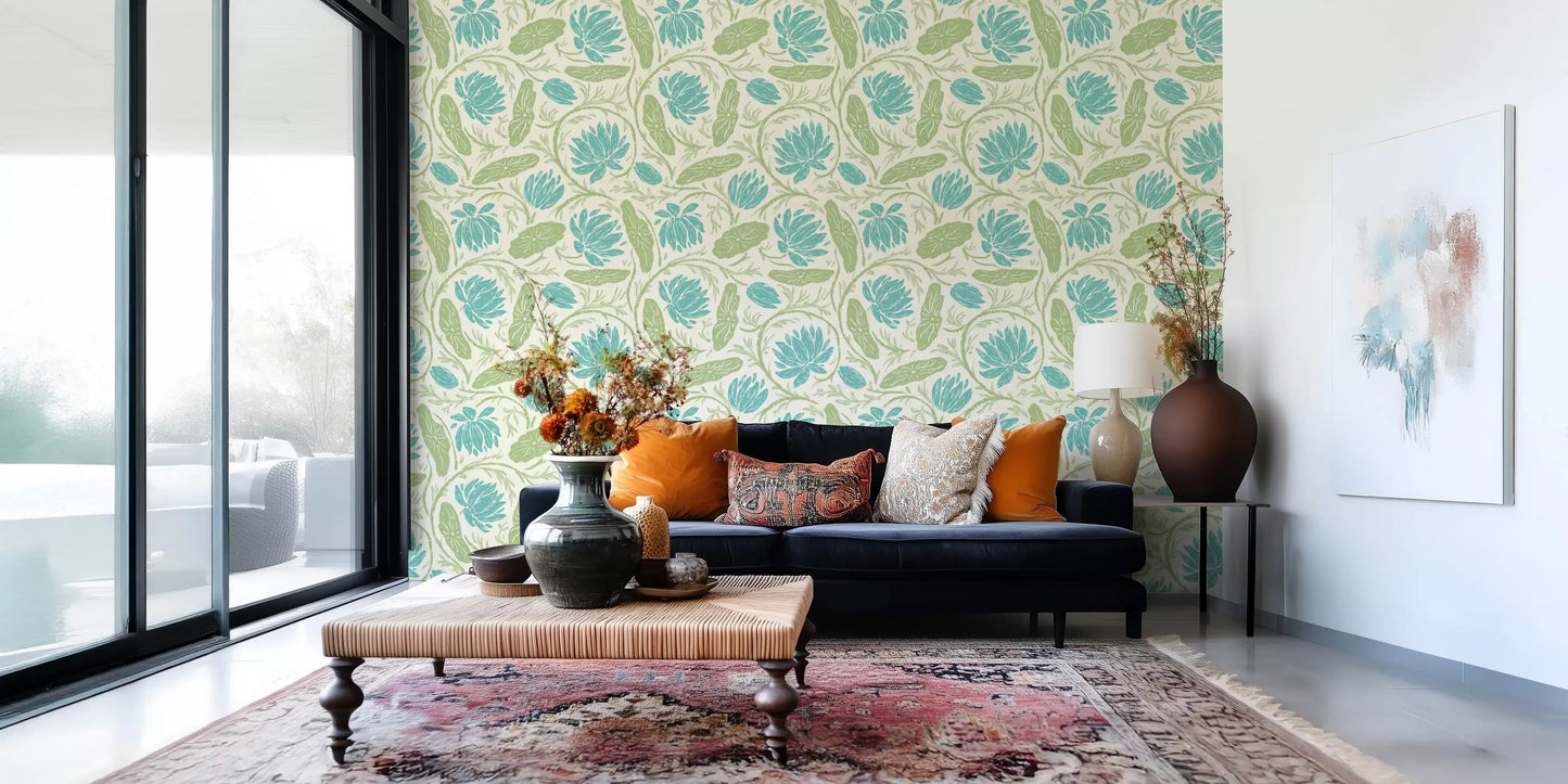 Lotus - Botanical Trailing Water Lily Floral Block Print-  Blue and Green Wallpaper⁠