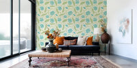 Lotus - Botanical Trailing Water Lily Floral Block Print-  Blue and Green Wallpaper⁠