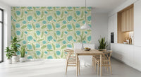 Lotus - Botanical Trailing Water Lily Floral Block Print-  Blue and Green Wallpaper⁠