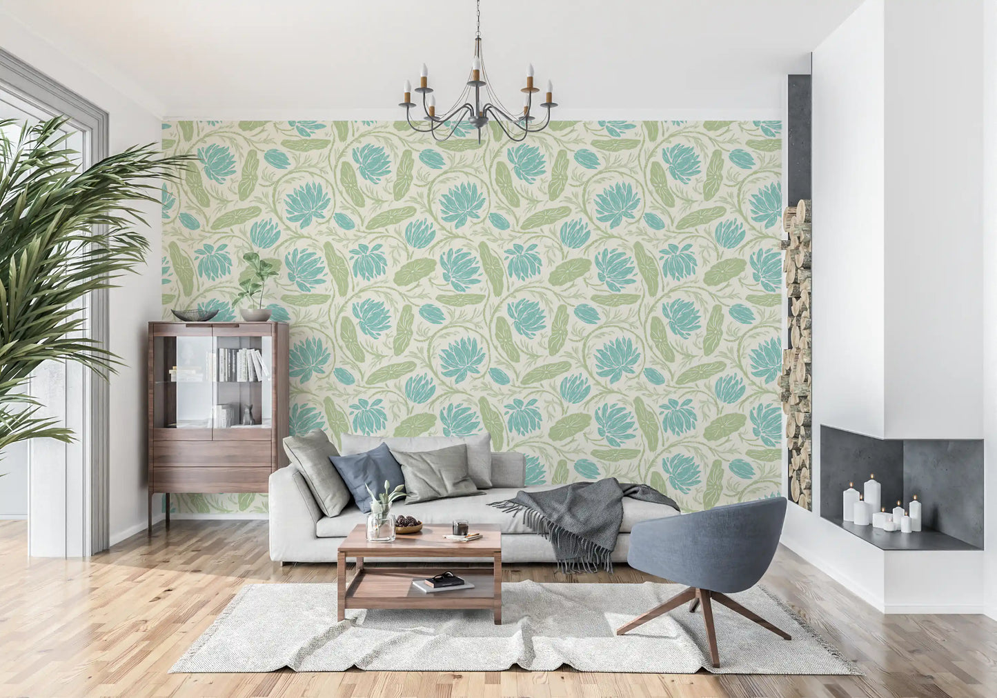 Lotus - Botanical Trailing Water Lily Floral Block Print-  Blue and Green Wallpaper⁠