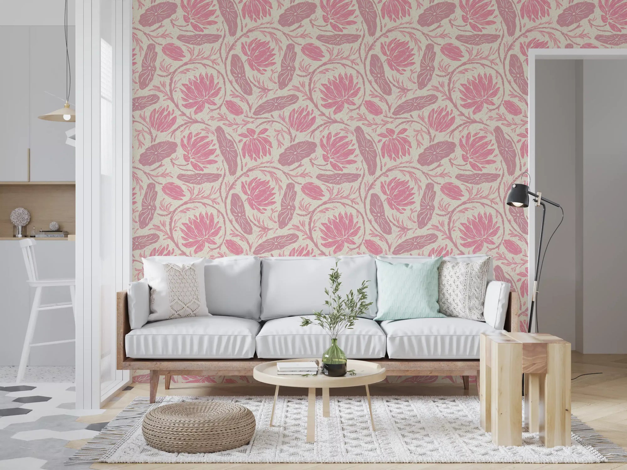 Pink lotus and water lily wallpaper adding a botanical feature to a living room GD11516