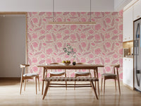 Lotus - Botanical Trailing Water Lily Floral Block Print-  Monochromatic Pink Wallpaper⁠
