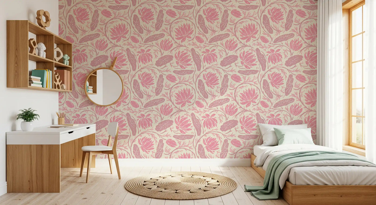 Lotus - Botanical Trailing Water Lily Floral Block Print-  Monochromatic Pink Wallpaper⁠