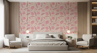 Lotus - Botanical Trailing Water Lily Floral Block Print-  Monochromatic Pink Wallpaper⁠