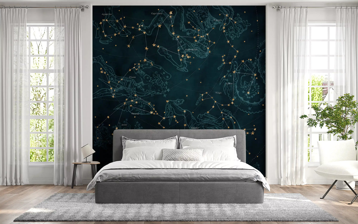 Wall mural fills a calm bedroom with Heros and Constellations in gold GD11517